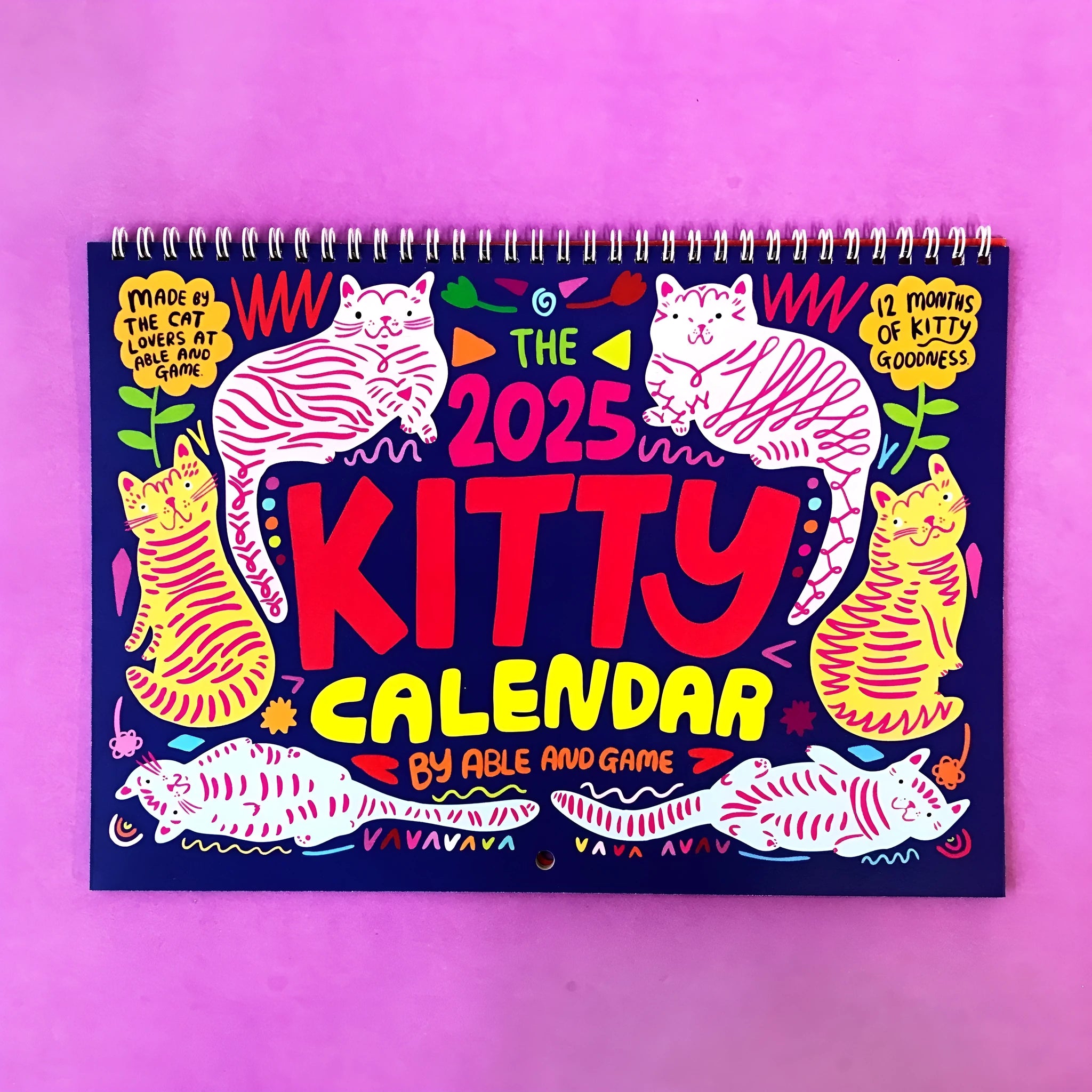 Cat calendar wall planner showing monthly layouts for 2024 and 2025 models