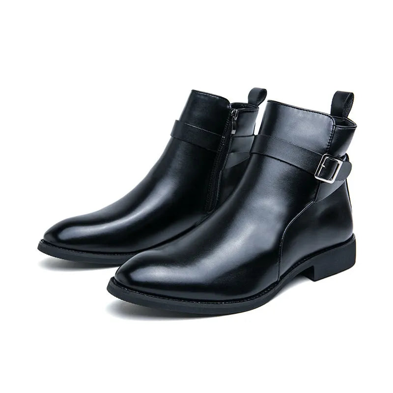 Men's high-top Western boots in black PU leather with tall crown and rubber sole