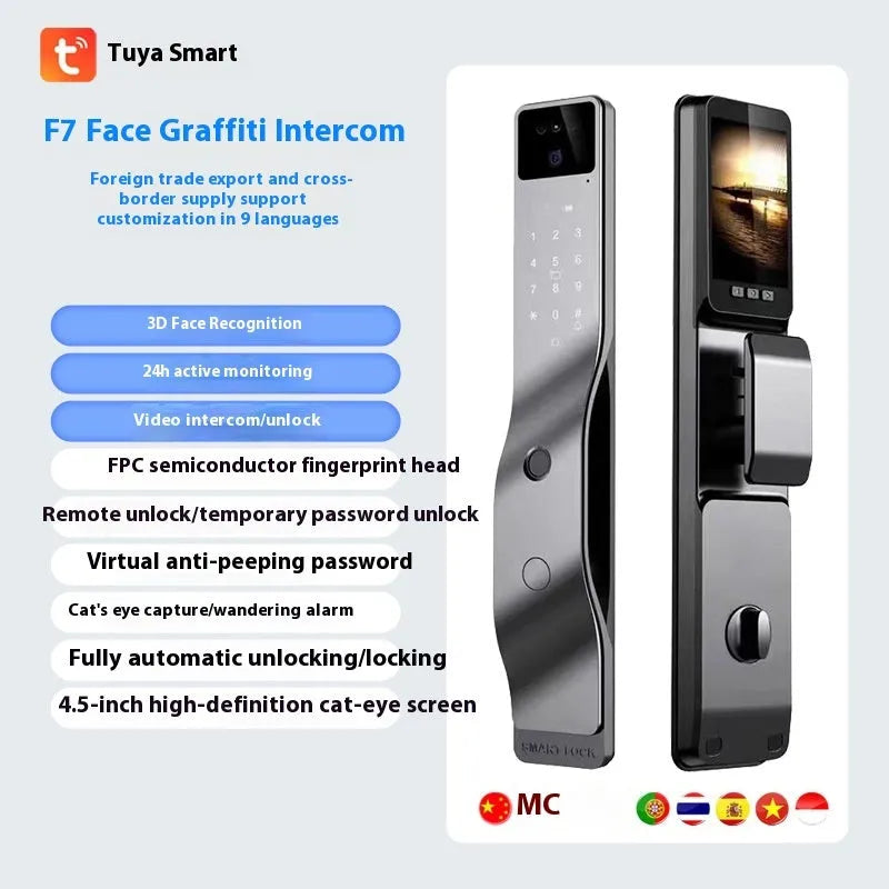 Aluminium alloy smart door lock with face recognition camera, fingerprint sensor, keypad, and F7 intercom screen