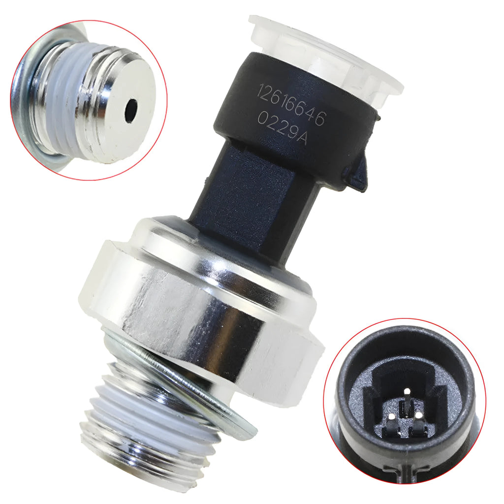 GM compatible oil pressure sensor for Buick and Chevrolet vehicles, part numbers 12573107 12567323 shown.