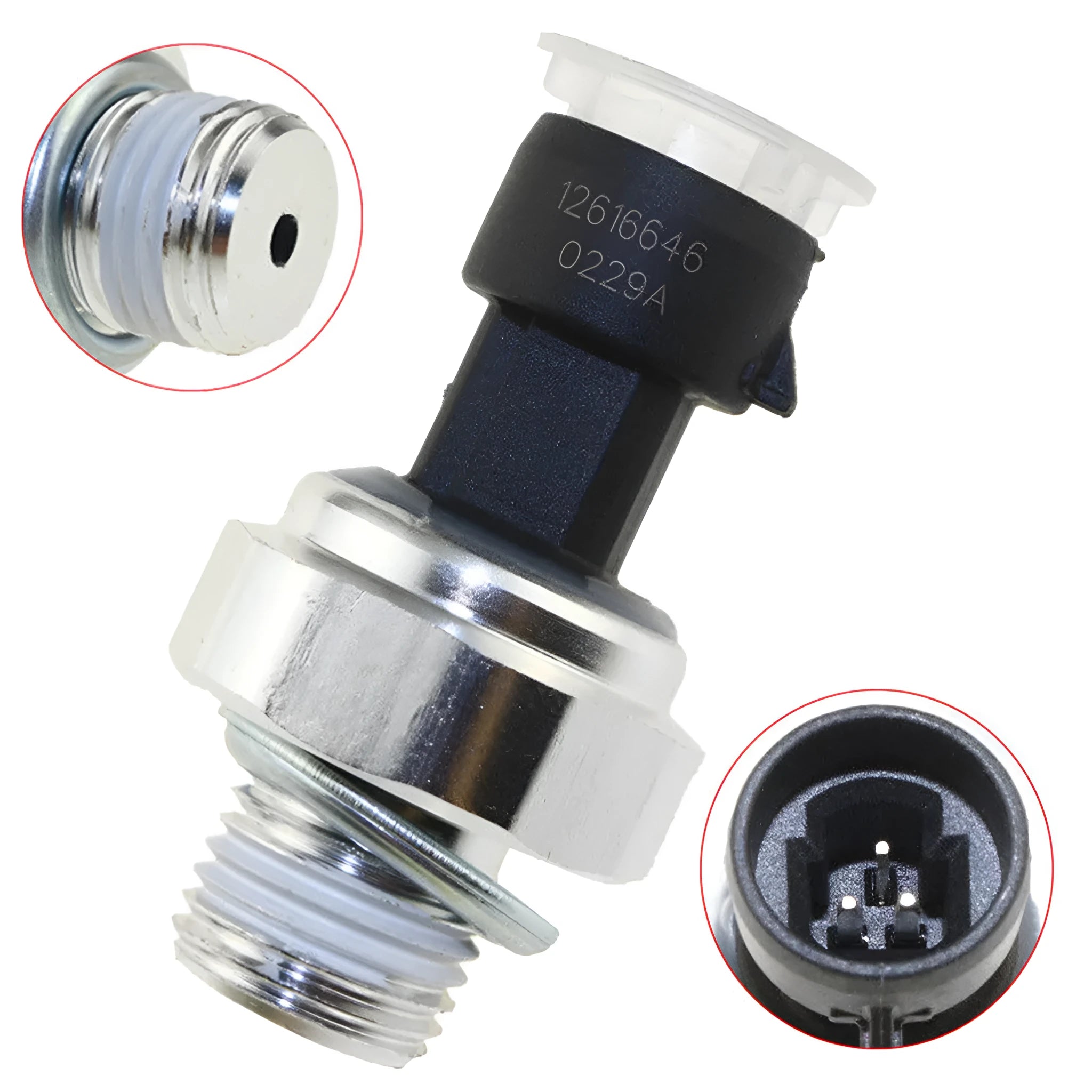 GM compatible oil pressure sensor for Buick and Chevrolet vehicles, part numbers 12573107 12567323 shown.