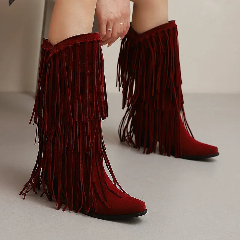Women's suede mid-calf boots with tassel detailing, chunky heel, and square toe in multiple colours