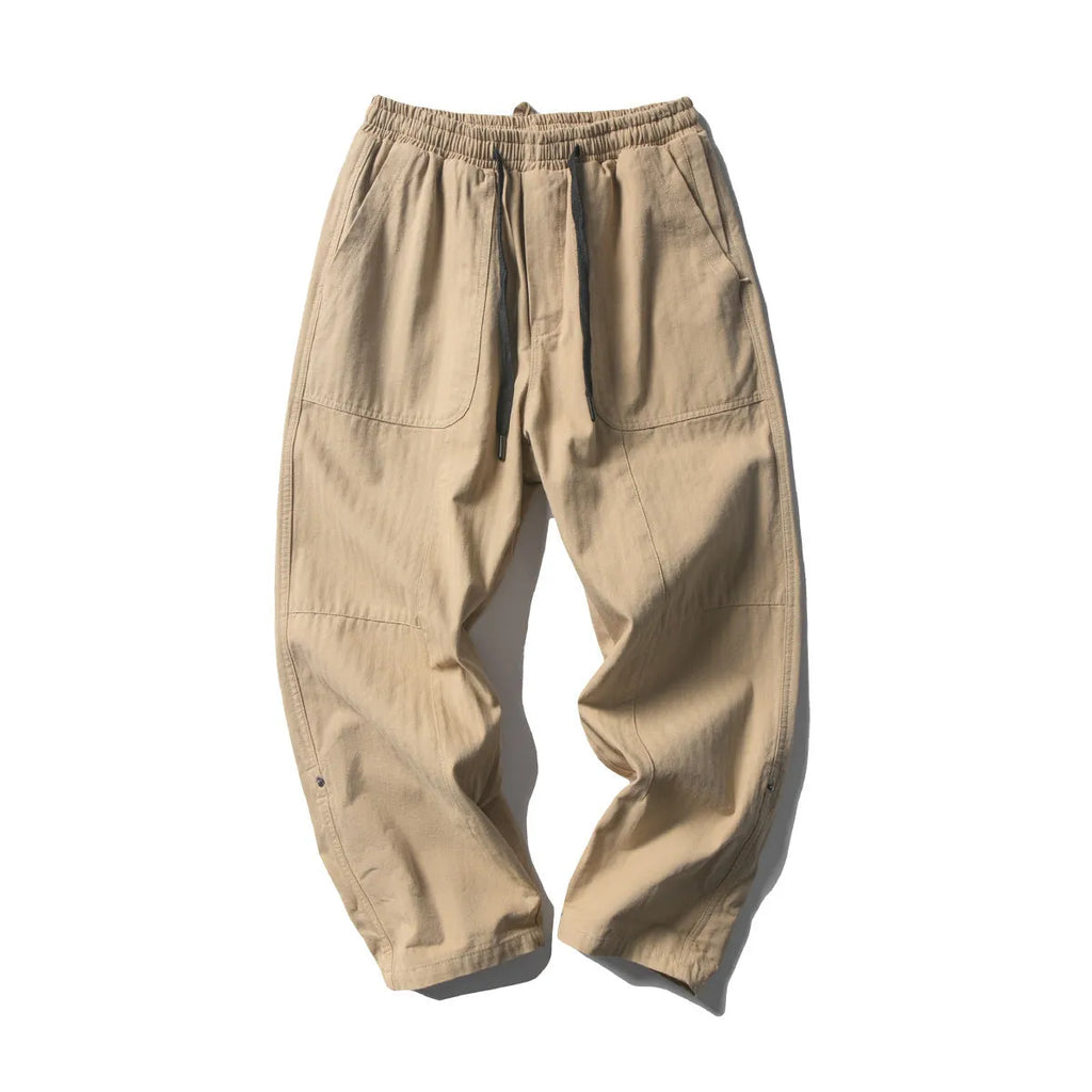 Men's loose straight patchwork casual pants in Khaki colour, wrinkle-free twill fabric with drawstring closure