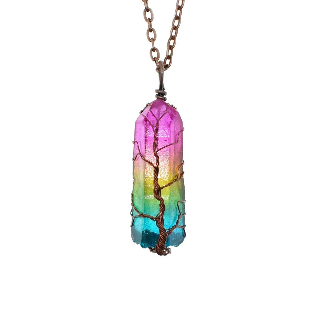 Stylish Stone Crystal Tree of Life Pendant Necklace with a variety of color options and elegant crystal pillar design