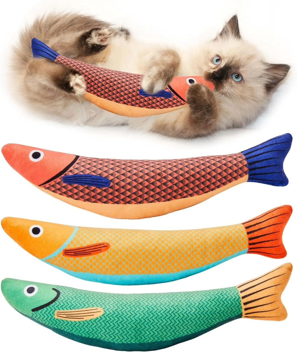 Green plush fish cat toy with organic catnip filling for interactive play and kicking.