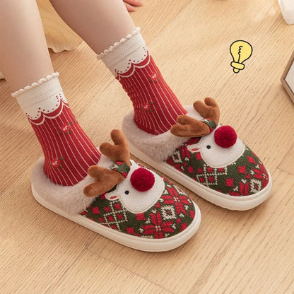 Cozy Christmas elk plush slippers with soft, plush fabric and non-slip soles for indoor comfort and style