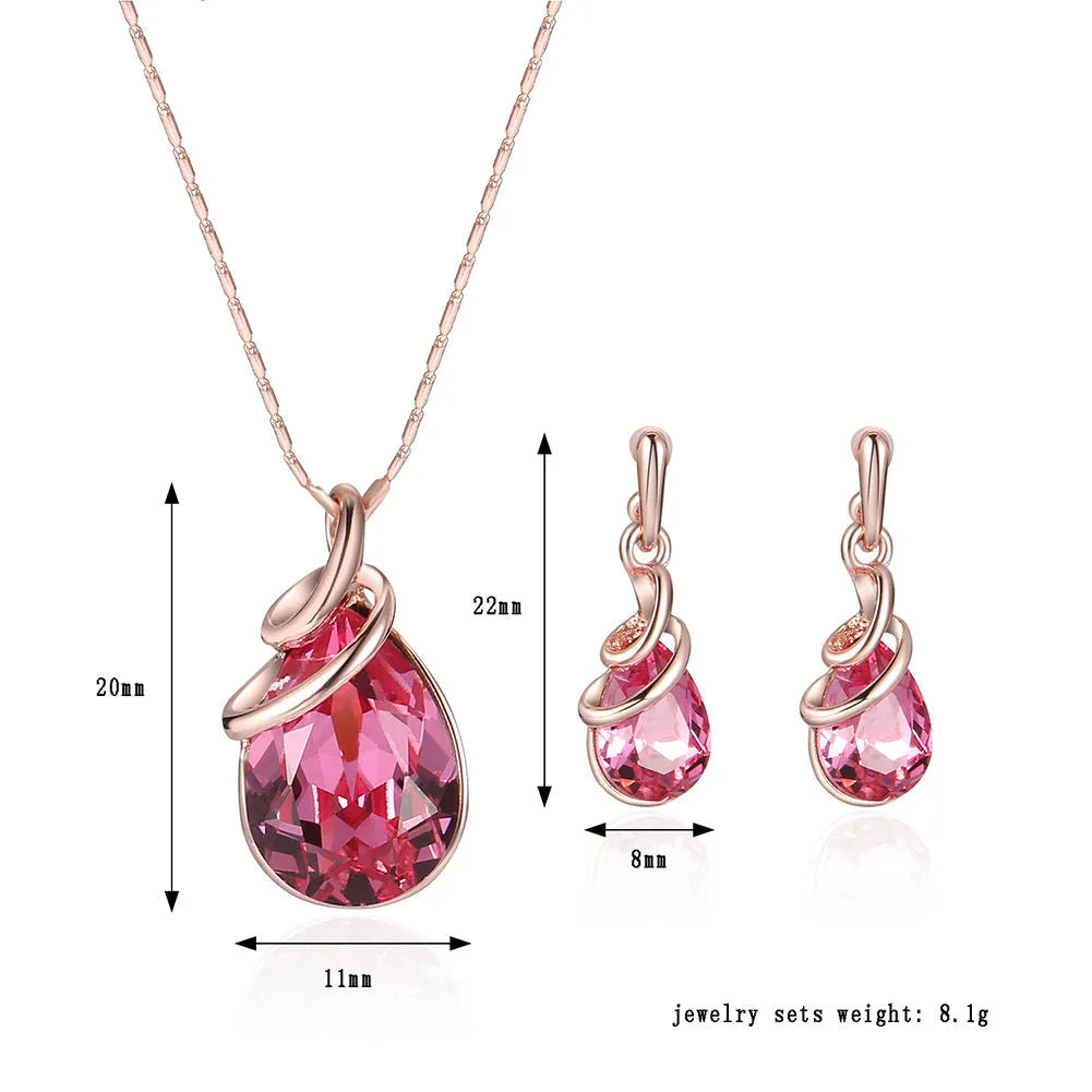 Alloy gemstone jewellery set necklace with snake bone chain and earrings for women, diamond processing finish, adjustable 21-50cm circumference