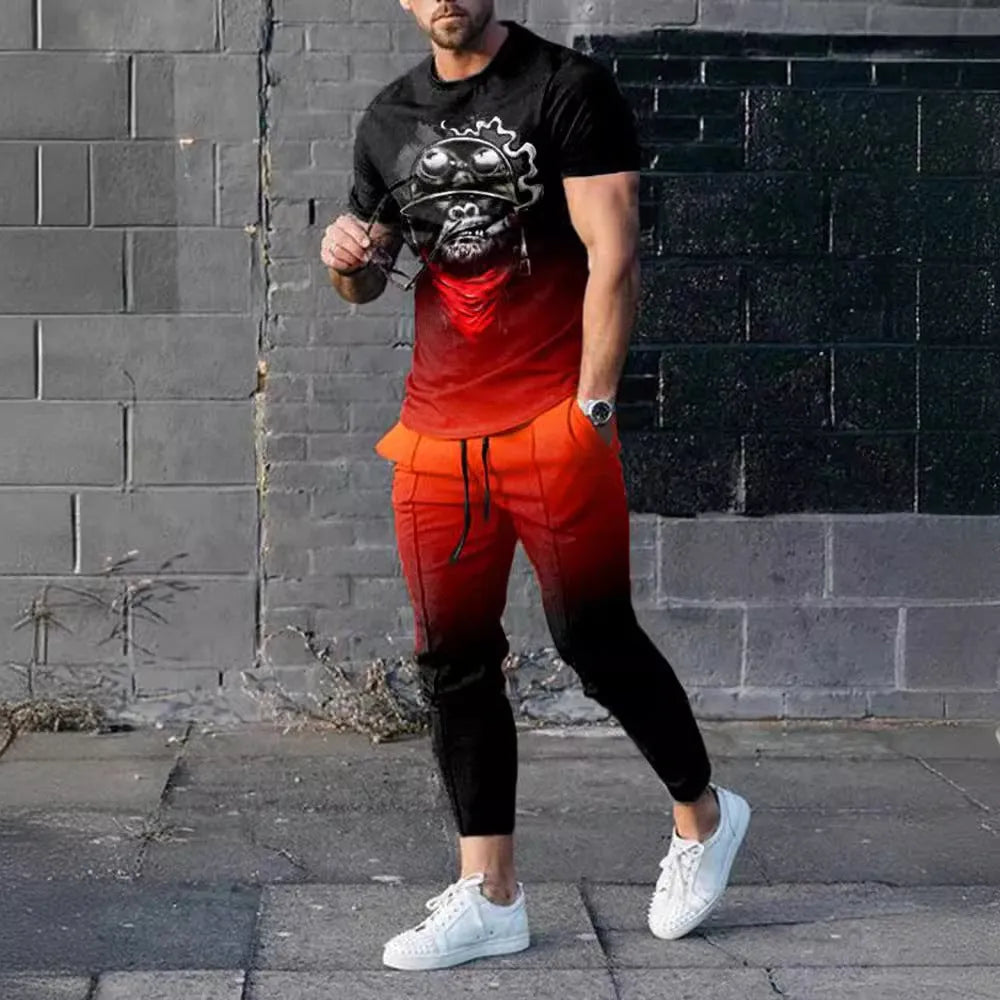Man wearing a short-sleeved printed round neck T-shirt and matching trousers from a cotton-like polyester suit.