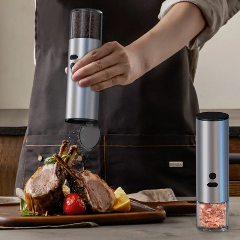 USB rechargeable electric salt and pepper grinder with LED light and clear glass jar