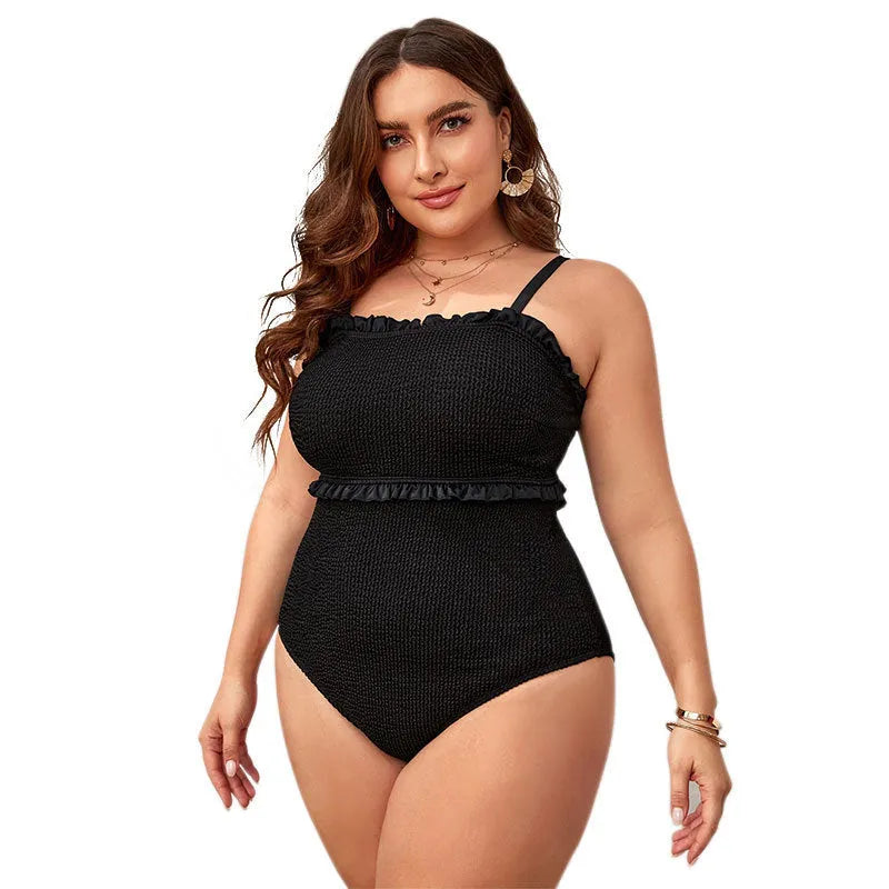 Black plus size bikini swimsuit with double shoulder straps and briefs-style bottom
