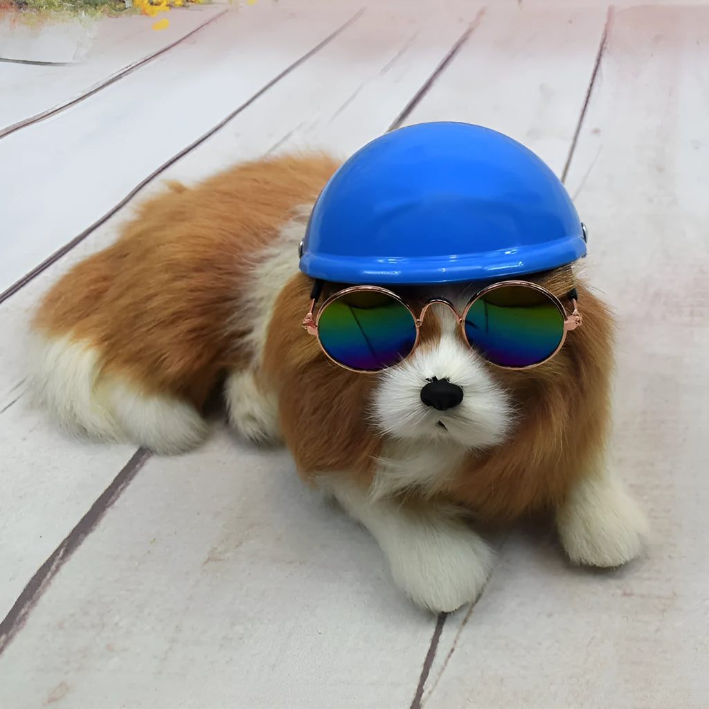 Plastic dog motorcycle helmet in pink colour showing size options for small medium large dogs