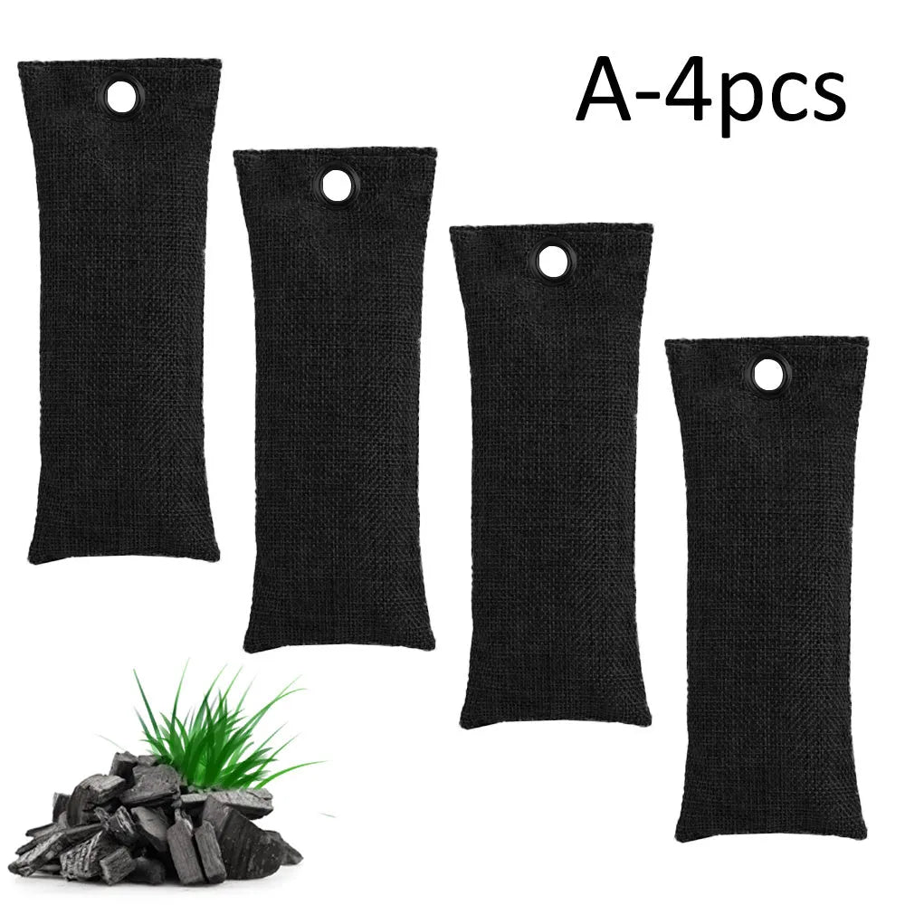 Set of four bamboo charcoal deodorising bags in different colours for shoe and household odour absorption.