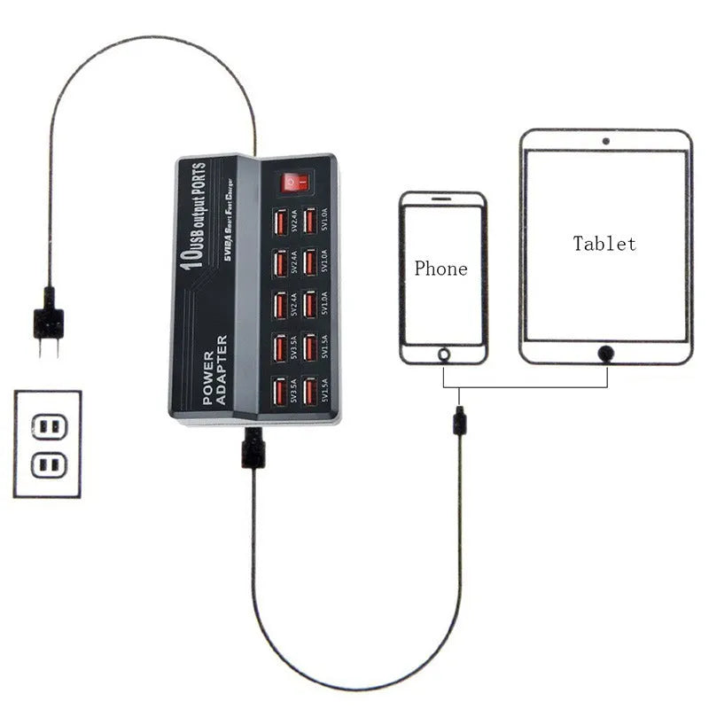 10 Port USB charger power strip in 838 black with multiple cables connected