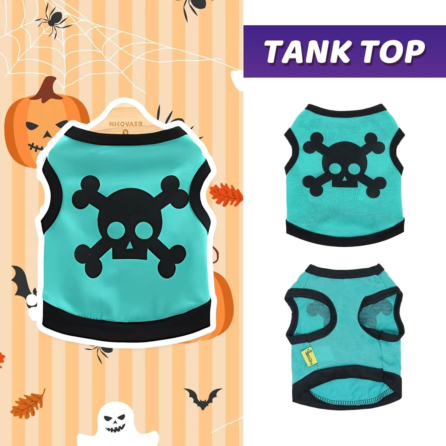 Blue Halloween dog vest with skull bones pattern on a small dog