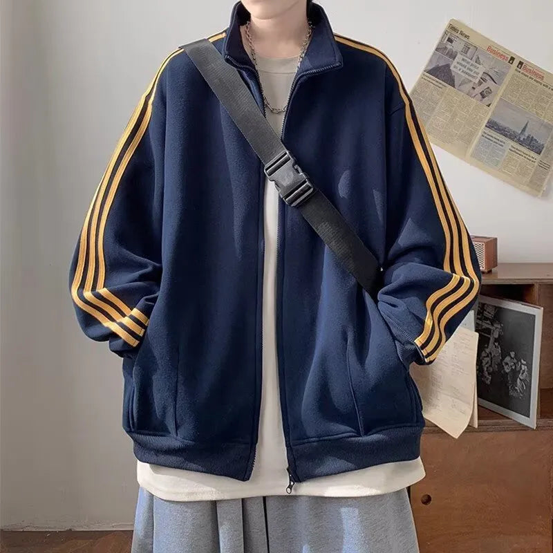 Men's loose casual sports jacket in navy blue, white gray or black, long sleeve polyester, sizes M to 3XL