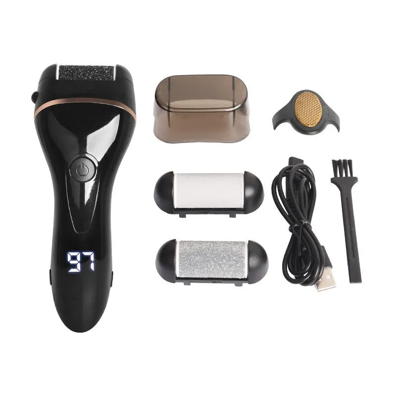 Household electric digital display foot grinder with three grinding heads and USB charging, in black
