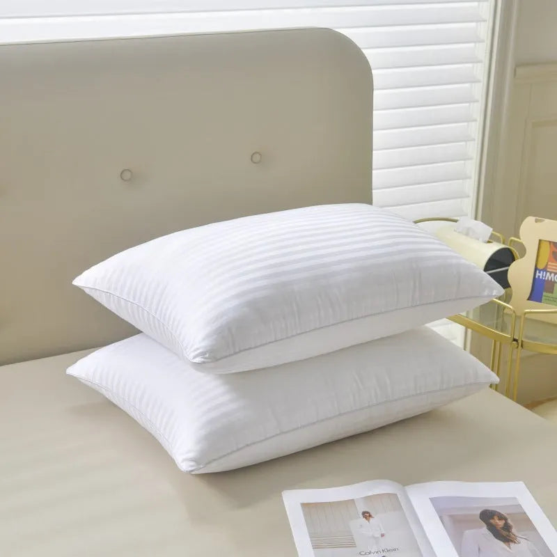 White hotel cotton satin stripe pillow with feather and cotton filling showing 2cm stripe detail