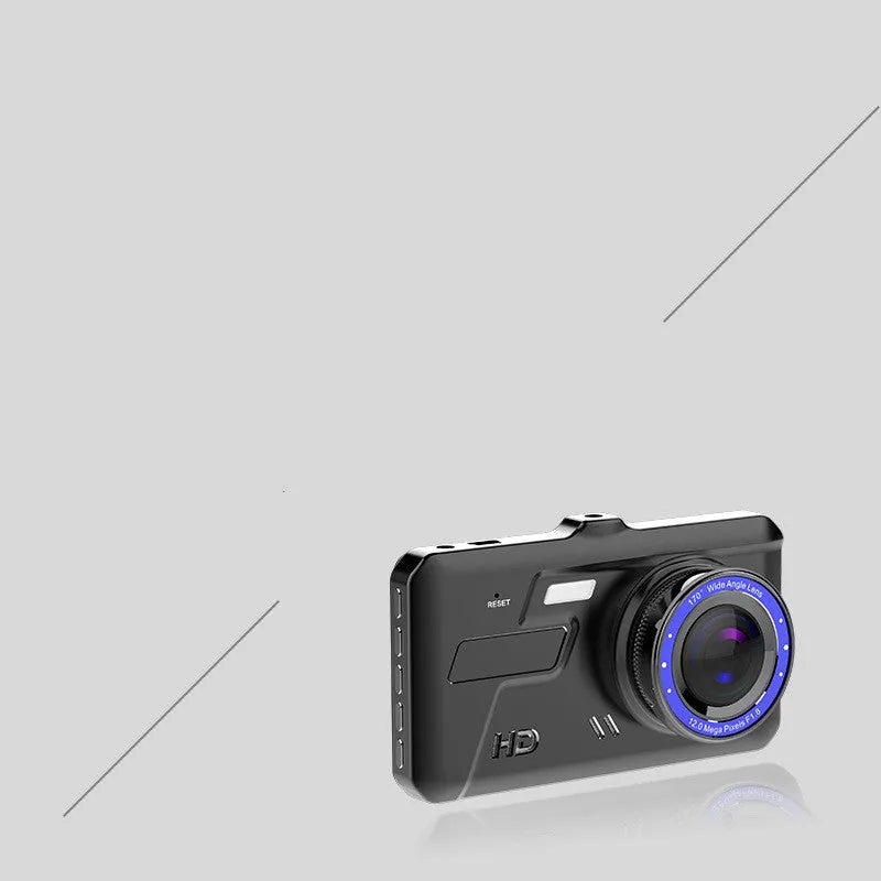 Black car driving recorder with 4 inch touch screen and dual lenses for front and rear recording