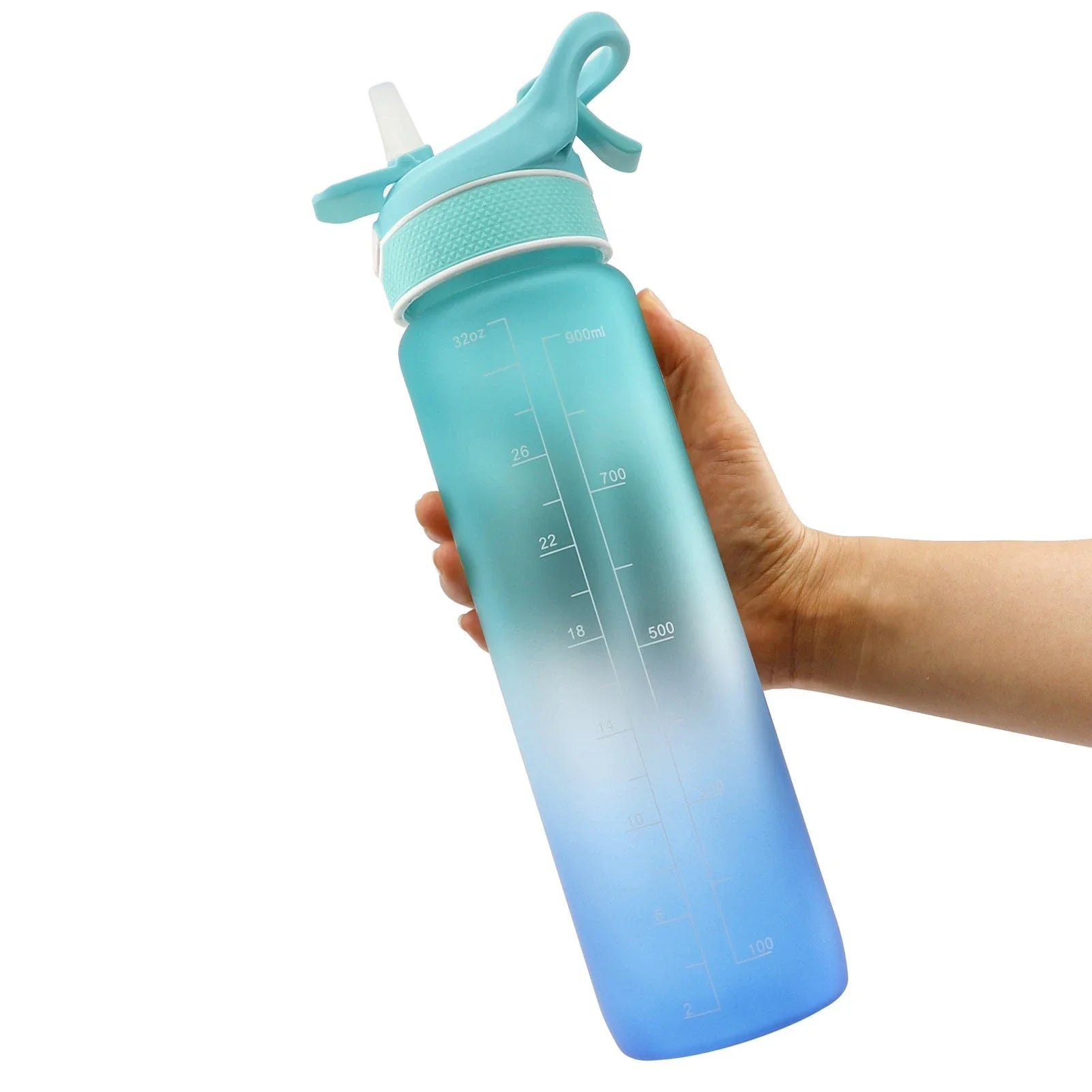 Premium reusable water bottle with one-touch open design, built-in sprayer, and personalized hydration tracking