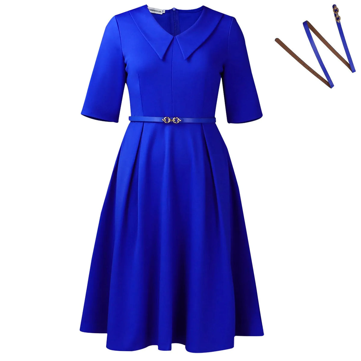 A woman wearing a solid colour African dress with half sleeves and a high waist, featuring a contrasting coloured belt.