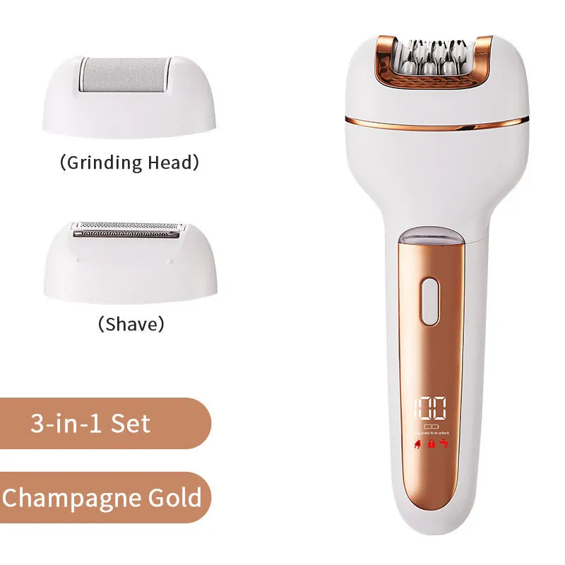 Women's USB-powered 3-in-1 hair removal set with stainless steel blade, gold colour, on white background