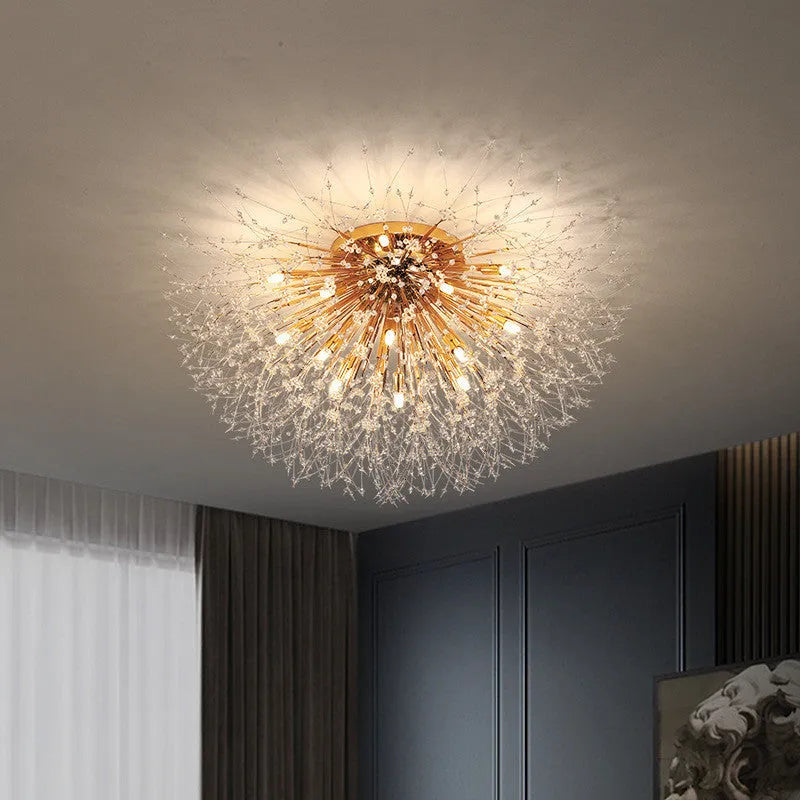 Round chrome dandelion crystal ceiling lamp with four light heads, 40cm diameter