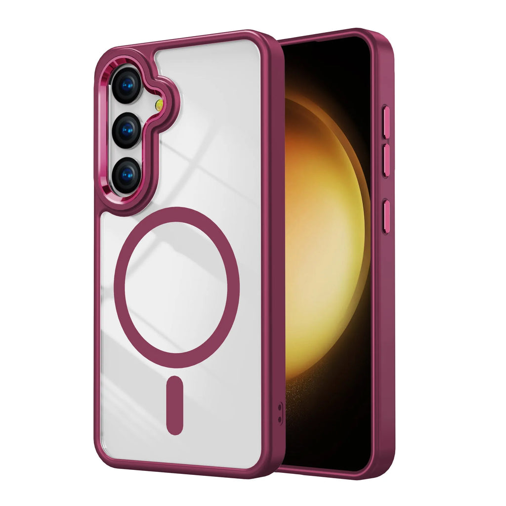 JD transparent magnetic phone case for Samsung S24 with metal lens and drop-resistant TPU acrylic build