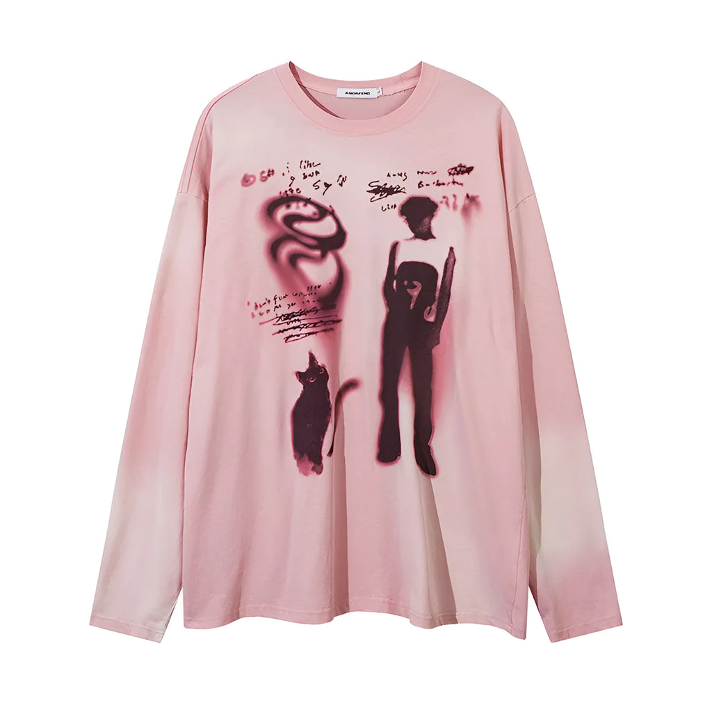 Women's loose grey cotton top with drop-shoulder sleeves and printed letter design.