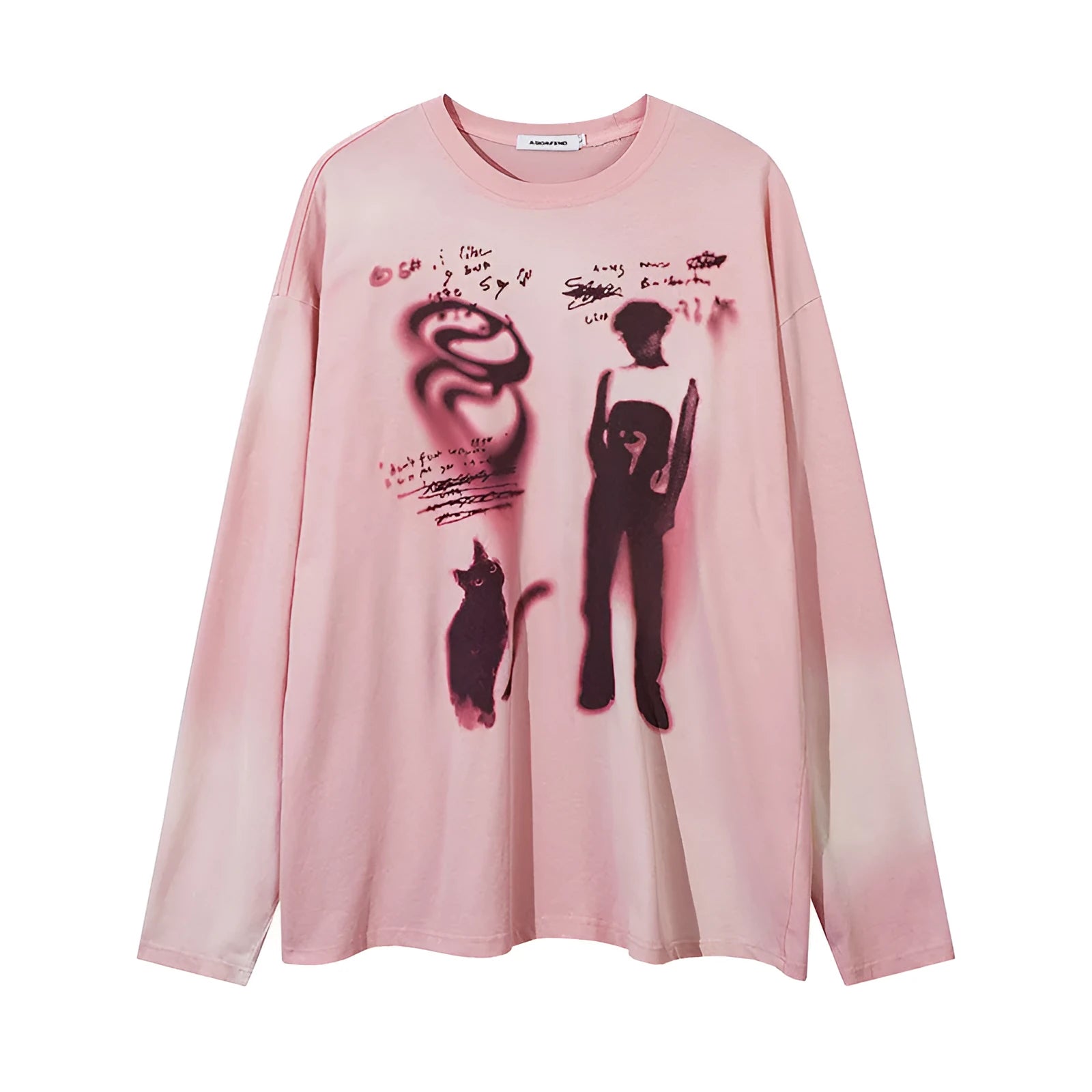 Women's loose grey cotton top with drop-shoulder sleeves and printed letter design.