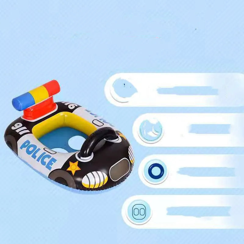 Black police car shaped children's inflatable swimming ring, PVC, 73 x 57.5 cm outer diameter, 30 x 33 cm inner diameter