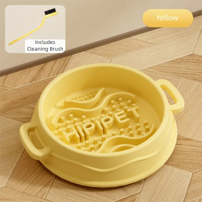 Colourful silicone slow food bowl with double-ear handles and maze interior for dogs and cats