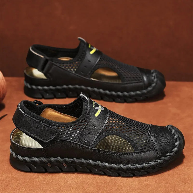 Men's brown leather casual sneakers with mesh panels and an elastic band across the instep.
