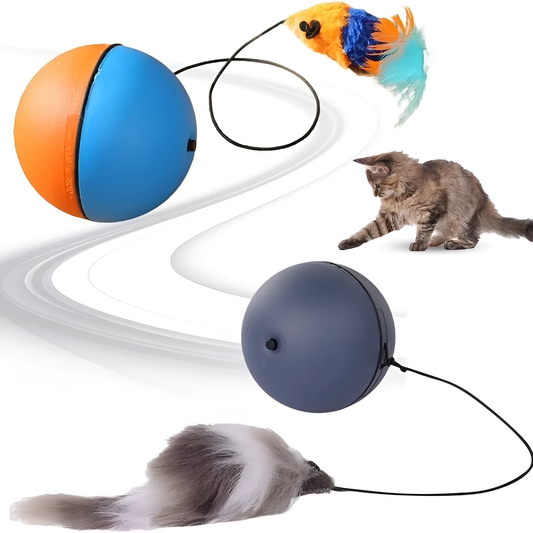 Blue and orange automatic rolling ball pet toy for cats and dogs on a wooden floor.