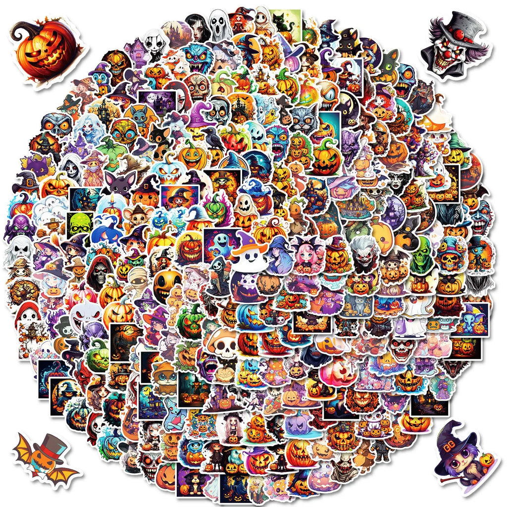 300 Halloween stickers with cartoon pumpkin witch ghost designs on PP surface adhesive paper sheets