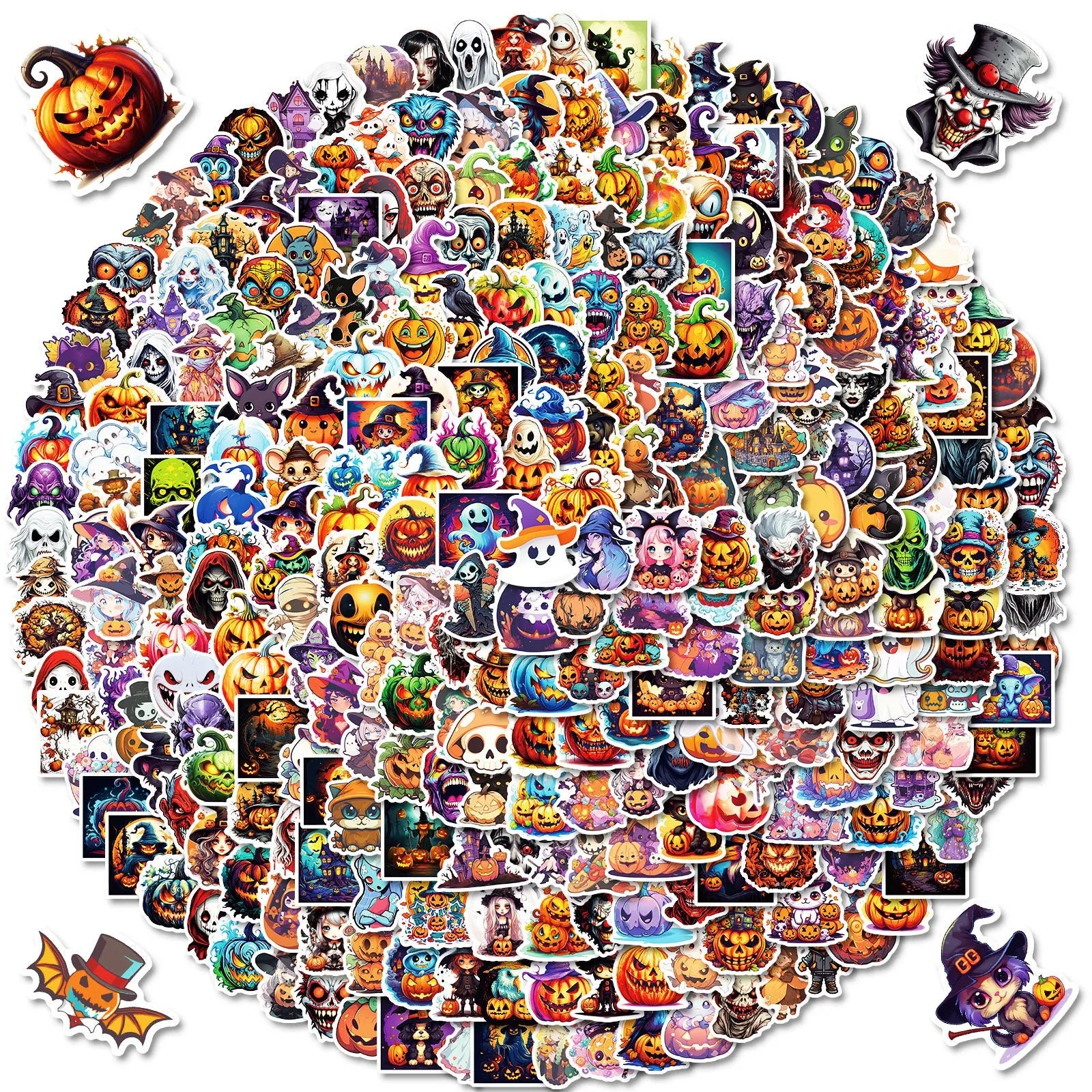 300 Halloween stickers with cartoon pumpkin witch ghost designs on PP surface adhesive paper sheets