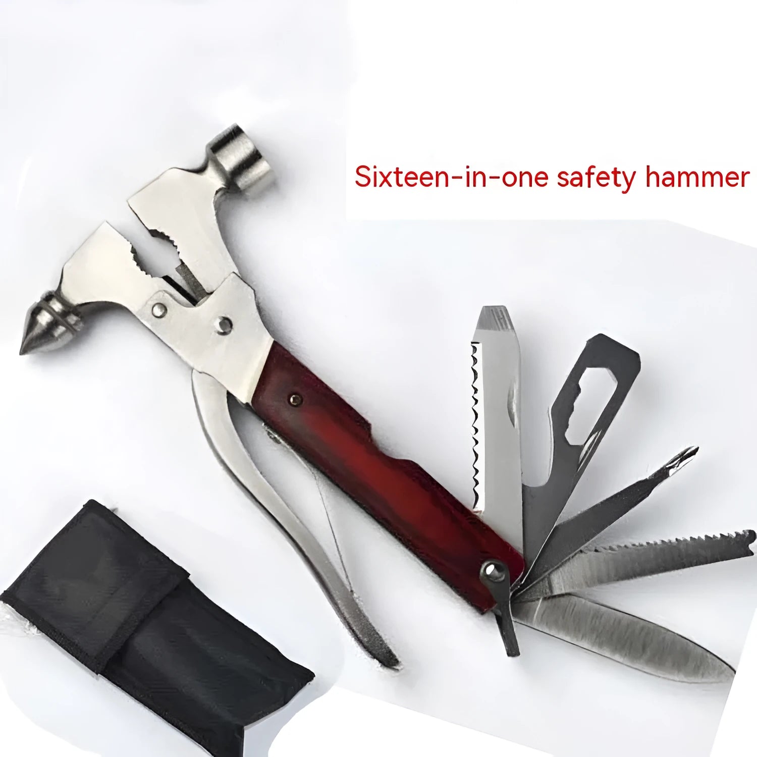 16-in-1 multifunctional solid steel car safety hammer shown folded, with portable Oxford fabric bag.