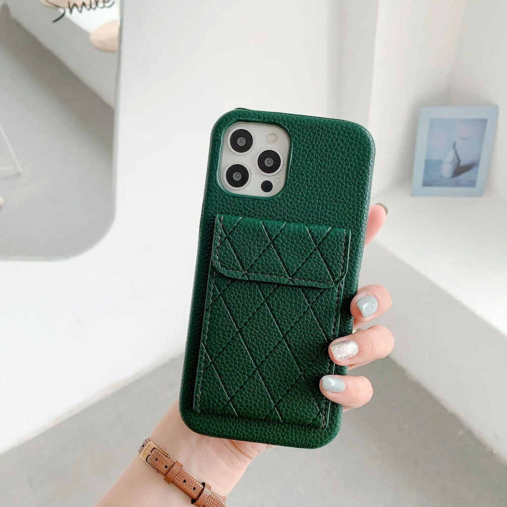 Tide brand imitation leather mobile phone case with card slot for iPhone, shown in various colours.