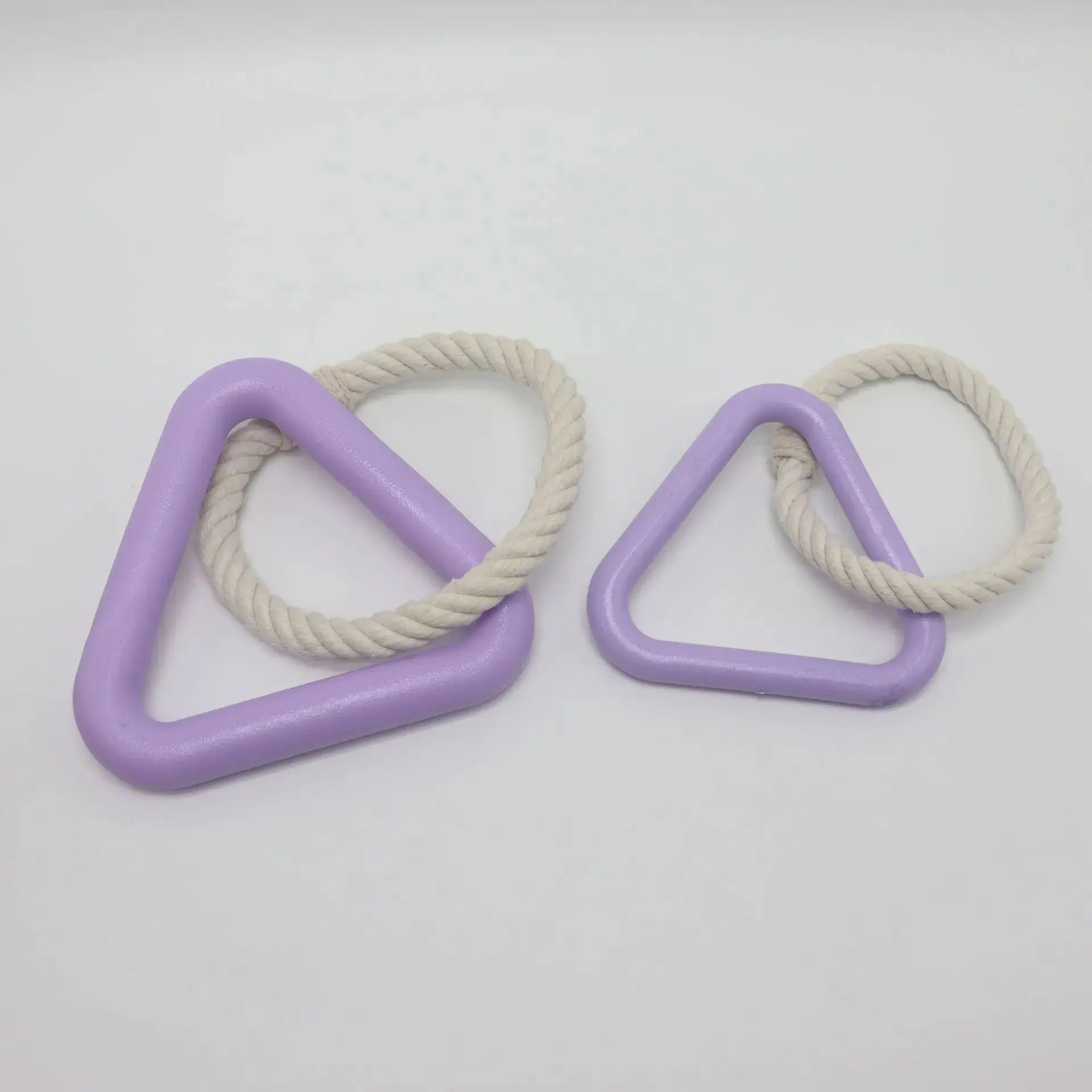 Large triangular cotton rope dog pull ring toy in beige, pink, or purple colours