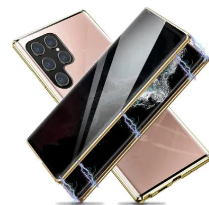 Snap On Magnet King glass mirror phone case for Samsung Galaxy S23 Ultra, metal frame, glass back, magnetic, black