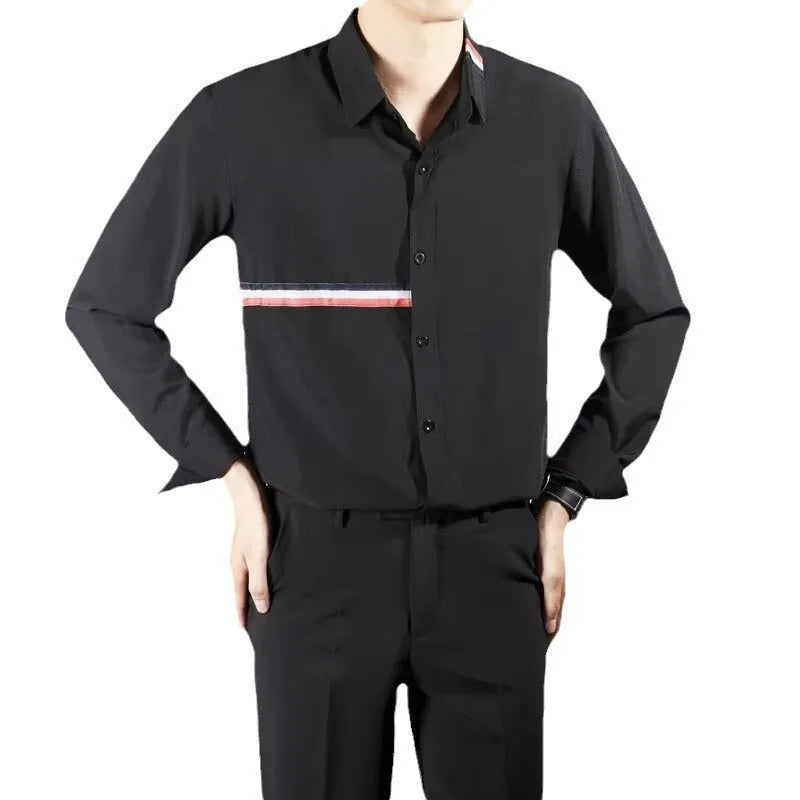 Hong Kong style loose fit casual shirt in polyester blend fabric with non-ironing feature
