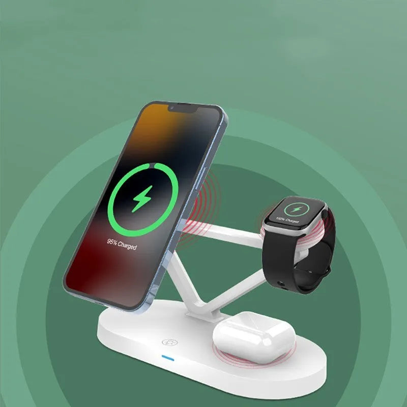 Black wireless charging station showing an iPhone, Apple Watch, and AirPods charging simultaneously on magnetic pads.
