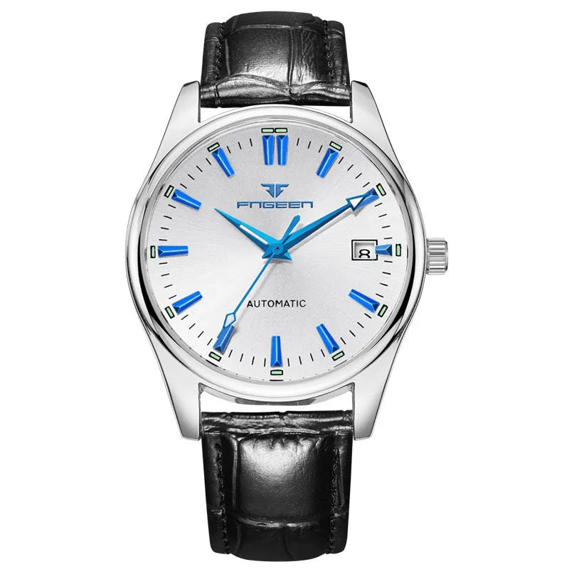 Men's quartz business watch with 10mm case, coated glass mirror, and stainless steel back in black or white steel or leather