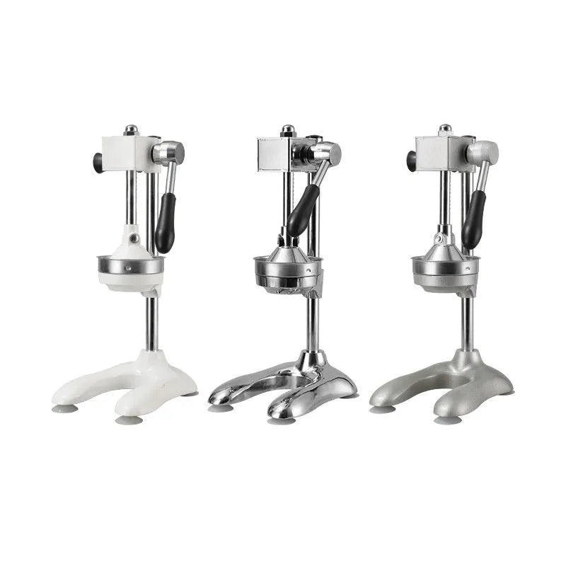 Stainless steel vertical manual juicer with multiple juicing head options in modern colours