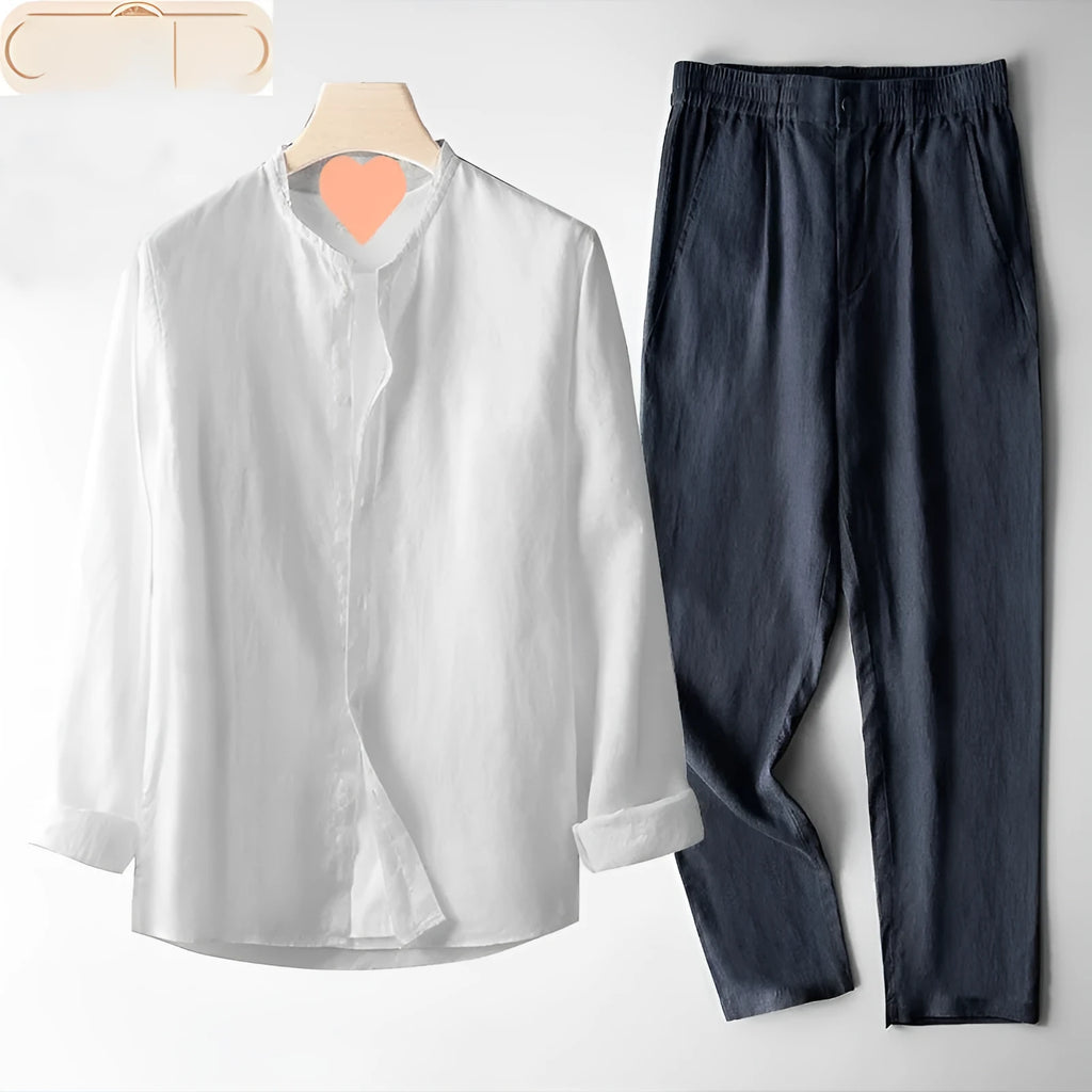 Men's retro two-piece Tang suit set with long sleeve top and trousers in linen colour, casual leisure style