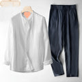 Men's retro two-piece Tang suit set with long sleeve top and trousers in linen colour, casual leisure style