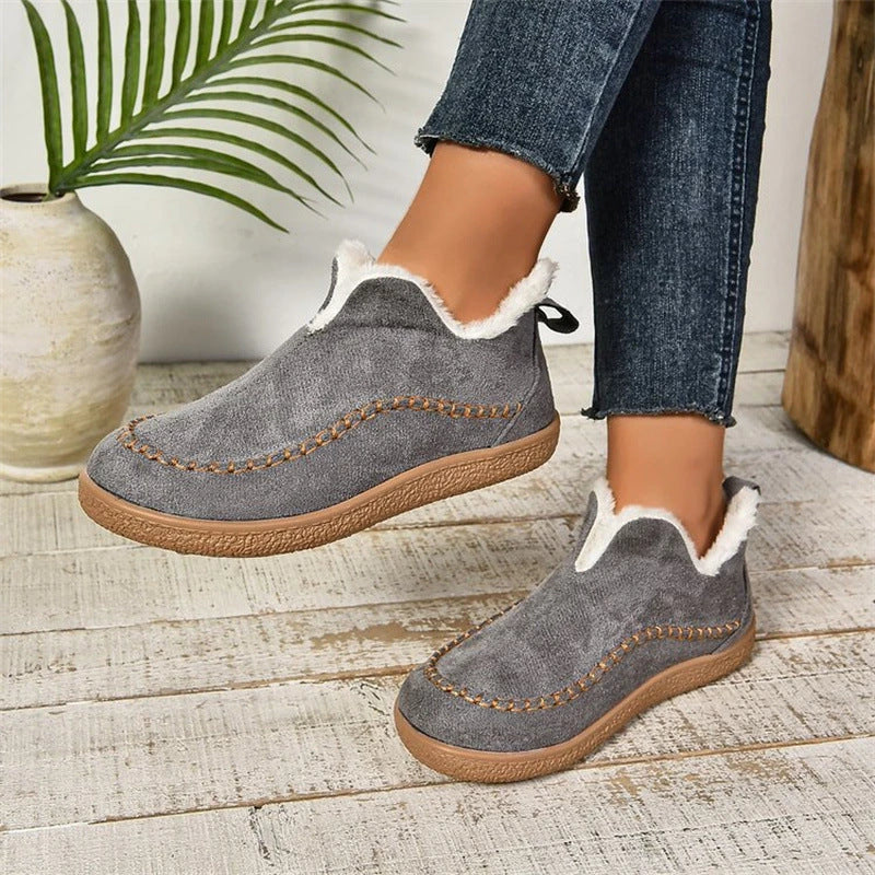 Plush winter ankle boots with warm flat sole, available in multiple colors and sizes