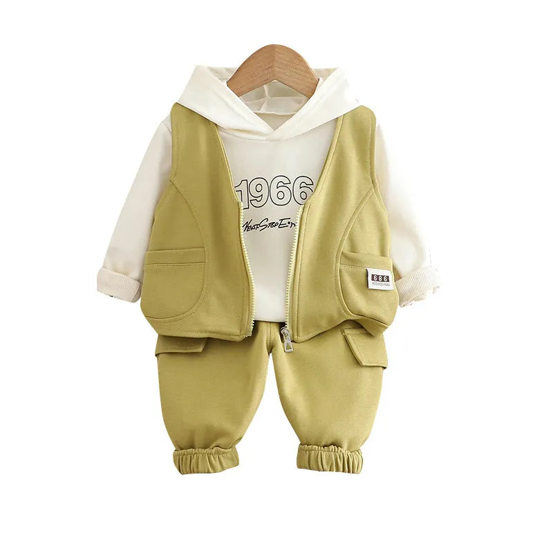 Children's cotton number vest three-piece suit for boys in black with long sleeves and trousers