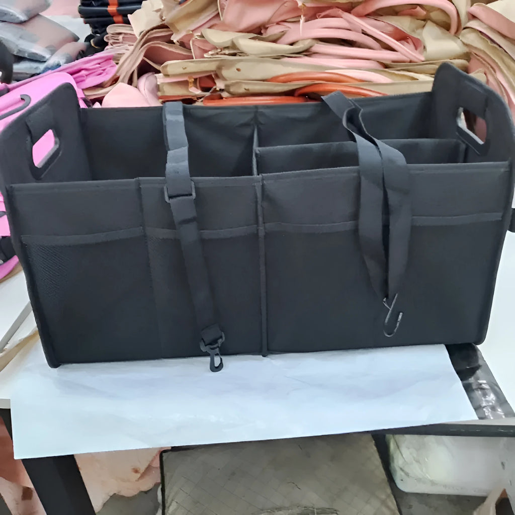 Black foldable fabric car boot storage box with handle and multiple compartments