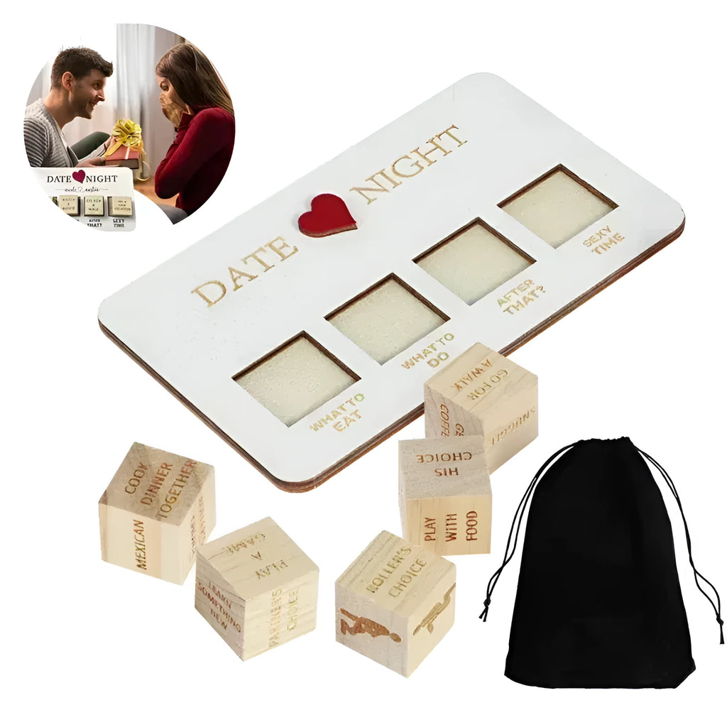 Wooden date night dice game set for couples showing five dice, a wooden planner board and a black storage bag.