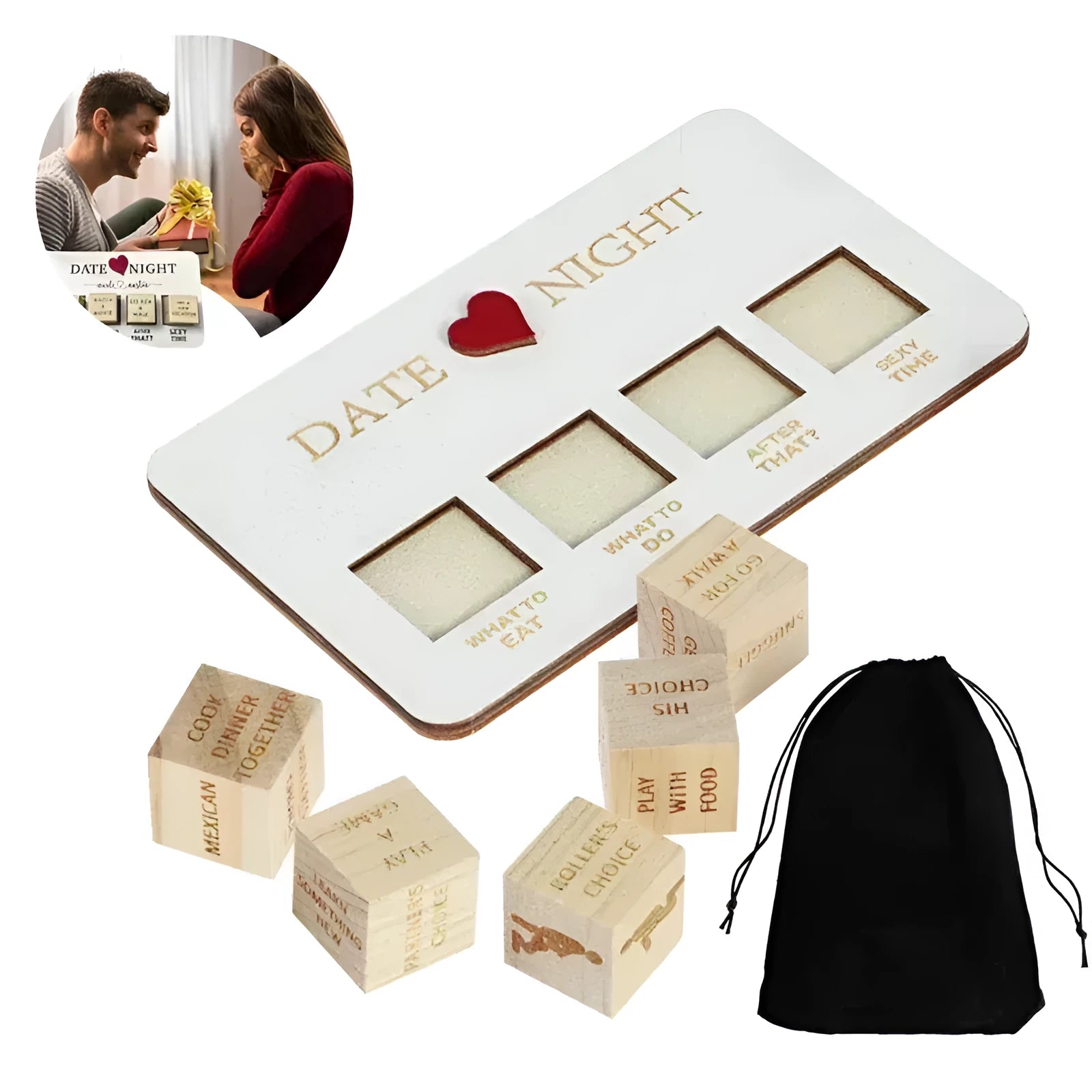 Wooden date night dice game set for couples showing five dice, a wooden planner board and a black storage bag.